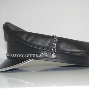 Black Genuine leather biker Silver Trim Peak cap