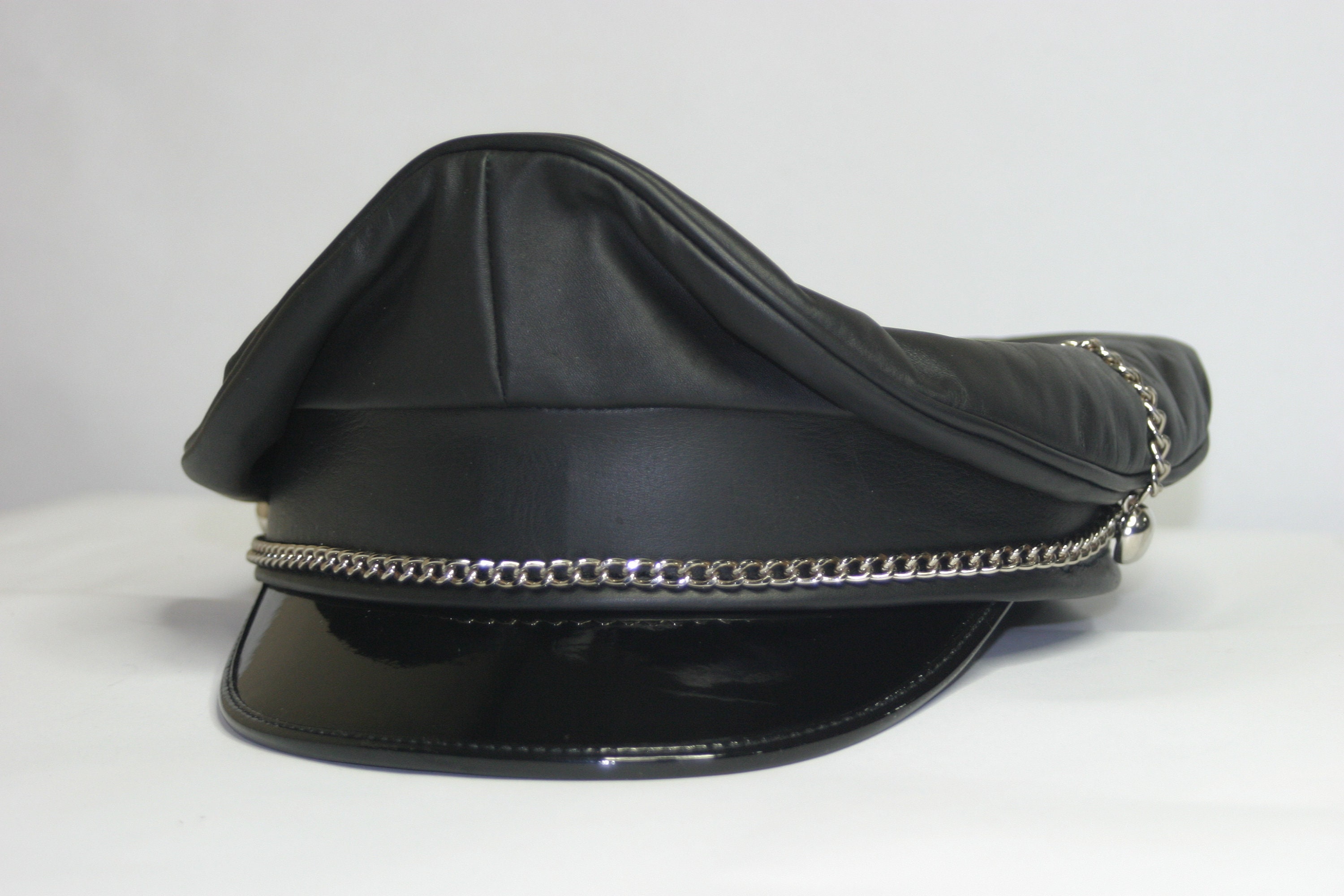 Black Genuine Leather Biker Peak Cap With Chain - Etsy display picture 2