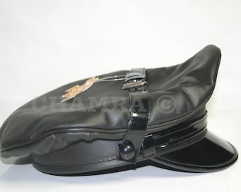 Genuine leather biker black Trim Peak with black strap cap.