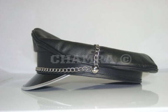 Black Genuine Leather Biker Silver Trim Peak Cap - Etsy display picture 1