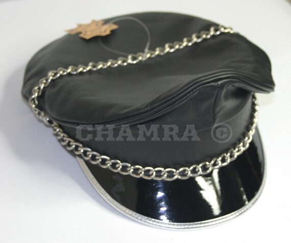 Black Genuine Leather Biker Army Fetish Silver Peak Cap - Etsy display picture 3