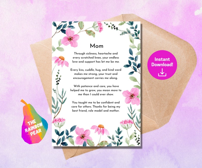 Printable Mothers Day Poem Floral Greeting Card for Mom - Etsy