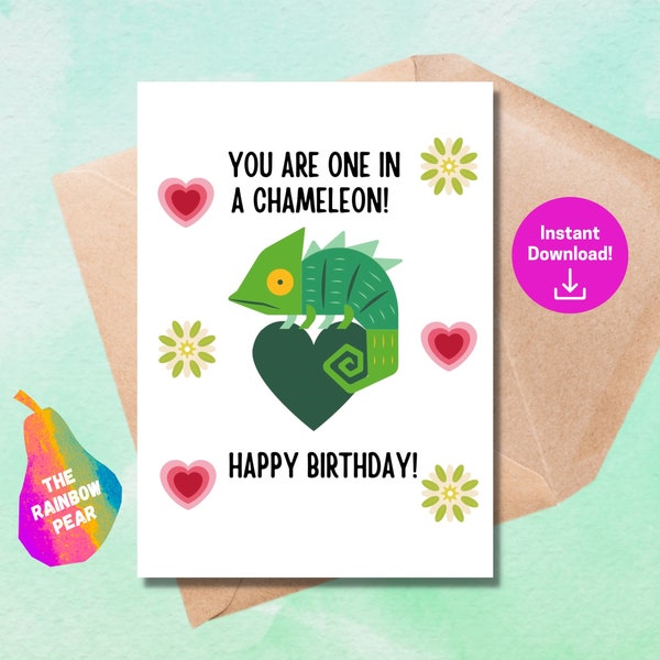 Printable Birthday Card, Lizard Birthday Card, One in a Chameleon, Greeting Card, Digital Download