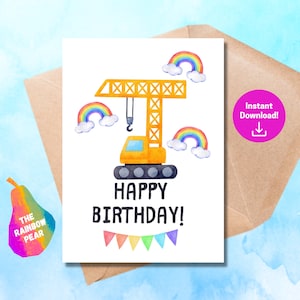 Printable Birthday Card, Crane Birthday Card, Construction Truck, Digital Download