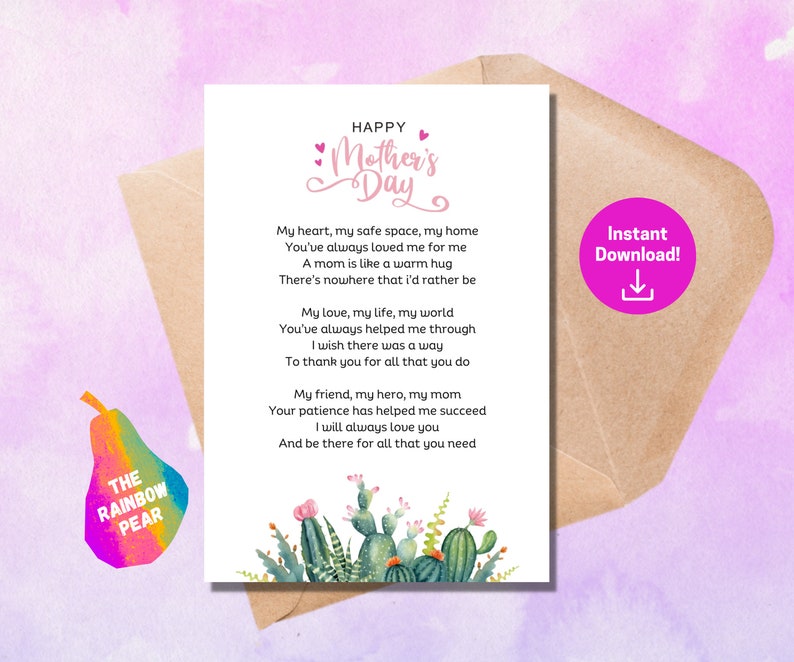 Printable Mothers Day Poem, Floral Greeting Card for Mom, Digital Download - Etsy