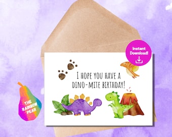 Tarjeta de cumpleaños de dinosaurio, felicitación Dino-Mite (descarga instantánea)