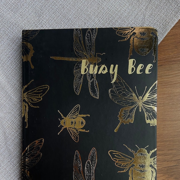 Cute Bee themed notebook/insect/ busy bee/ bee happy/ hardback notebook/ gold/ gift idea/ office/ black notebook