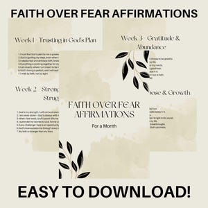Afirmaciones para superar el miedo con fe, afirmaciones de sanación, crecimiento y ánimo espiritual, citas sobre la confianza en Dios, tarjetas de fe imprimibles.