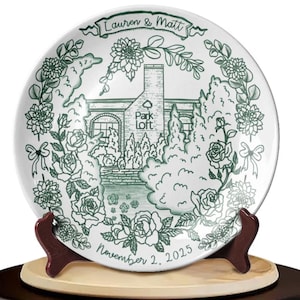 Personalized porcelain anniversary platter with names, date and illustrated venue