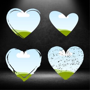 May include: Four heart-shaped designs with a blue sky, white clouds, and green grass inside. The hearts are on a black background. Two of the hearts have a rough, textured look, while the other two are smooth.
