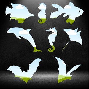 May include: Silhouettes of various sea creatures, including a dolphin, seahorse, stingray, fish, and bat, with a sky and grass background.