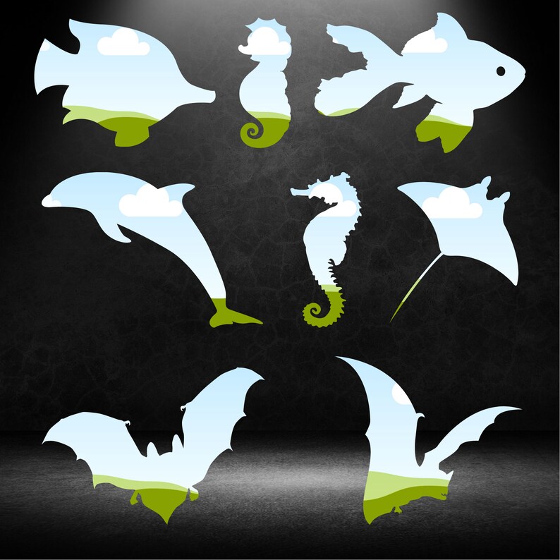 May include: Silhouettes of various sea creatures, including a dolphin, seahorse, stingray, fish, and bat, with a sky and grass background.
