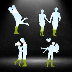 May include: Four silhouettes of couples in various poses, with a blue sky and green grass background. The silhouettes are transparent, revealing the background.