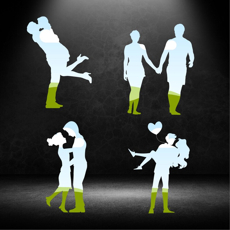 May include: Four silhouettes of couples in various poses, with a blue sky and green grass background. The silhouettes are transparent, revealing the background.