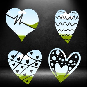 May include: Four different heart-shaped designs with a blue sky and green grass background. Each heart has a different pattern: a heartbeat, wavy lines, small hearts, and polka dots.