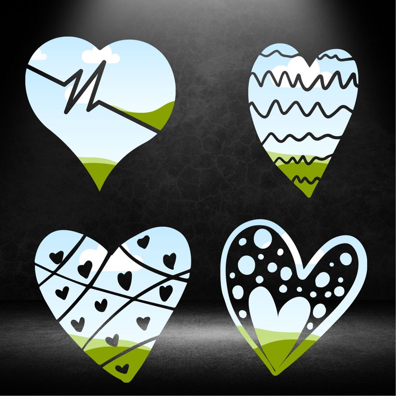May include: Four different heart-shaped designs with a blue sky and green grass background. Each heart has a different pattern: a heartbeat, wavy lines, small hearts, and polka dots.