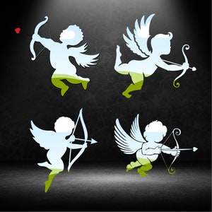 May include: Four white silhouette images of cupids with wings and bows and arrows on a dark grey background.