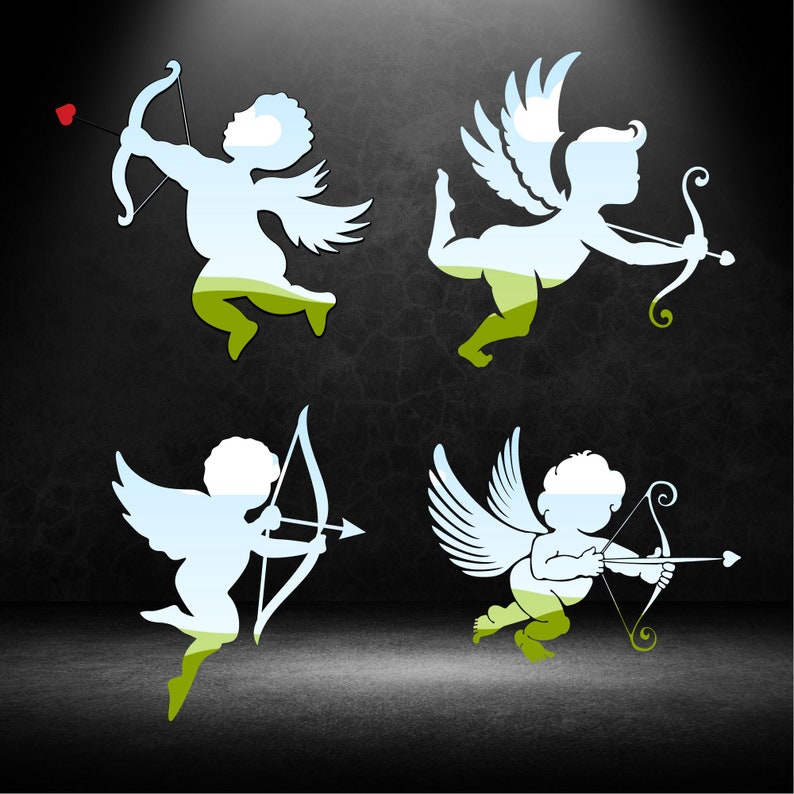 May include: Four white silhouette images of cupids with wings and bows and arrows on a dark grey background.