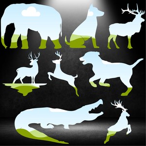 May include: Silhouettes of various animals, including a deer, an elephant, a dog, and a crocodile, are shown against a dark background. The animals are filled with a light blue color, and the background is a dark gray with a textured pattern.