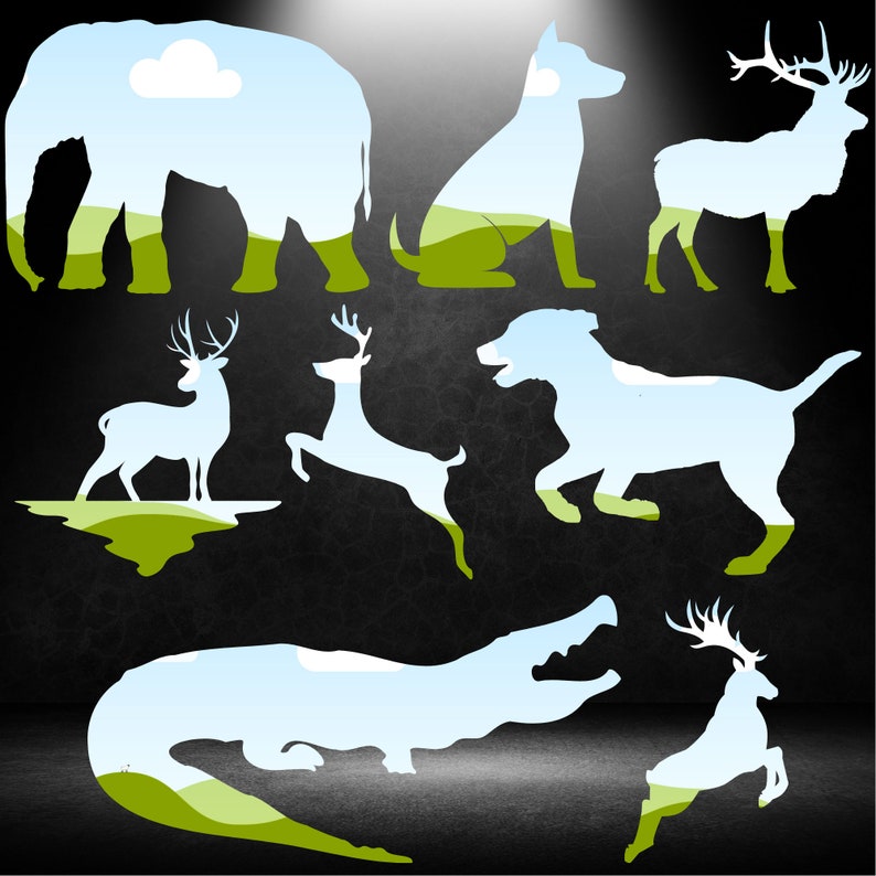 May include: Silhouettes of various animals, including a deer, an elephant, a dog, and a crocodile, are shown against a dark background. The animals are filled with a light blue color, and the background is a dark gray with a textured pattern.