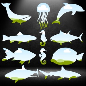 May include: A digital illustration of various sea creatures, including a whale, a jellyfish, a dolphin, a seahorse, a fish, and a shark. The creatures are all outlined in black and filled with a light blue color, with a green and white cloud pattern inside. The background is a dark gray.