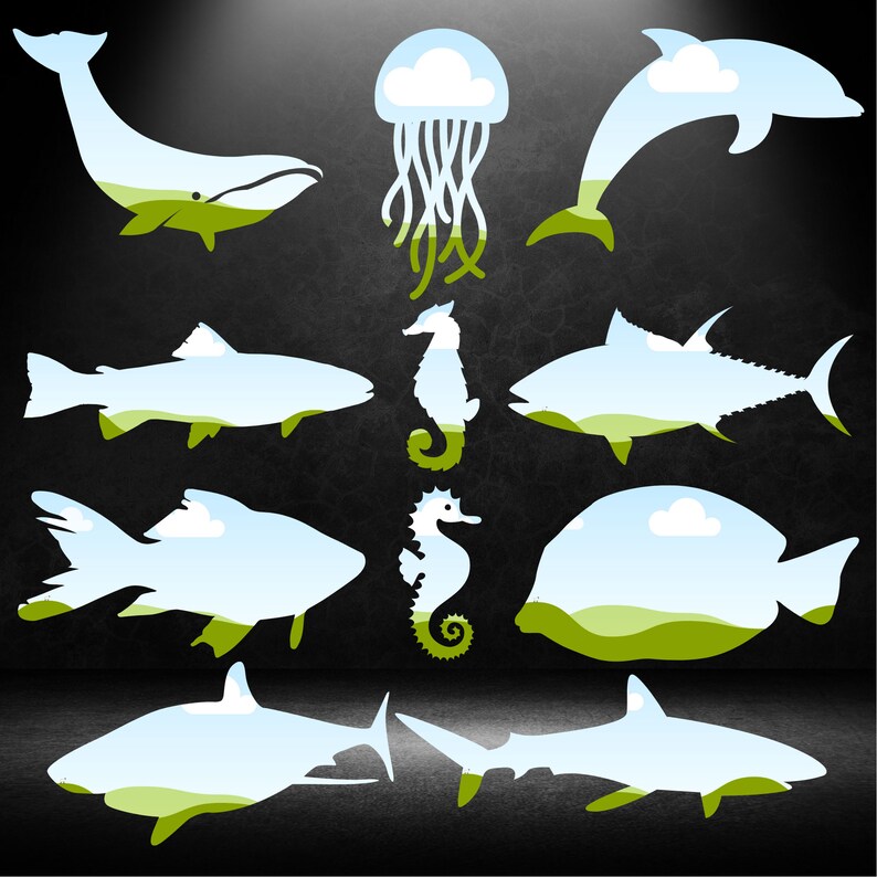 May include: A digital illustration of various sea creatures, including a whale, a jellyfish, a dolphin, a seahorse, a fish, and a shark. The creatures are all outlined in black and filled with a light blue color, with a green and white cloud pattern inside. The background is a dark gray.