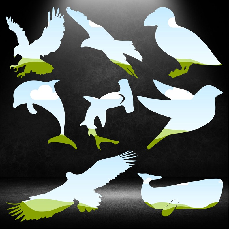 May include: Silhouettes of various animals, including a dolphin, eagle, puffin, shark, and whale, with a sky and grass background.