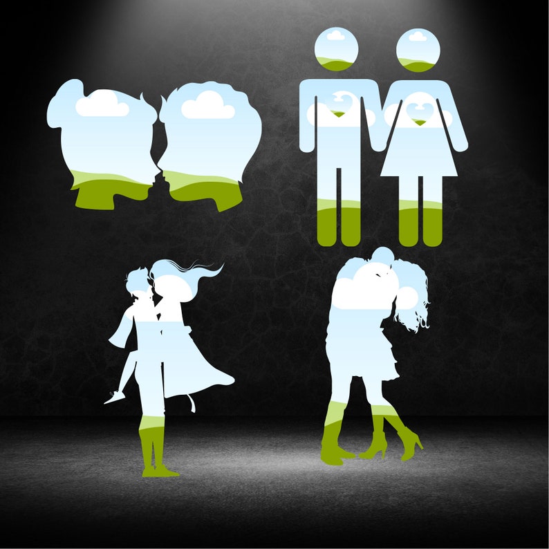 May include: Four silhouettes of couples with a sky and grass background. The silhouettes are in different poses, including standing, holding hands, and kissing.