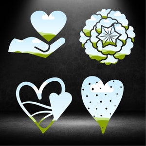 May include: Four different heart-shaped designs with a sky and grass landscape inside. The hearts are outlined in black and have a white background. The first heart is in a hand, the second is a flower, the third is a double heart, and the fourth is a heart with a cloud.