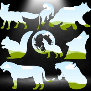 May include: Silhouettes of various animals, including a fox, a bear, a wolf, a cat, a squirrel, and a tiger, are shown against a black background. Each animal is filled with a blue sky and white clouds, with a green grassy landscape at the bottom.