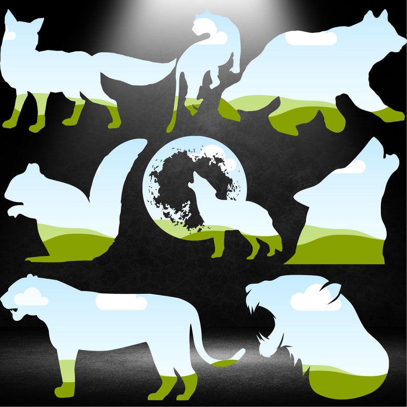 May include: Silhouettes of various animals, including a fox, a bear, a wolf, a cat, a squirrel, and a tiger, are shown against a black background. Each animal is filled with a blue sky and white clouds, with a green grassy landscape at the bottom.