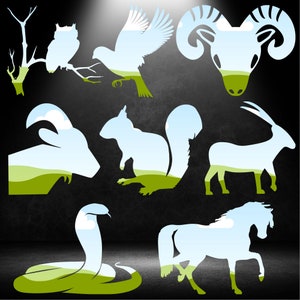 May include: Silhouettes of various animals, including a bird, owl, ram, squirrel, antelope, snake, and horse, are shown against a black background. Each animal is filled with a blue sky and green grass, creating a layered effect.