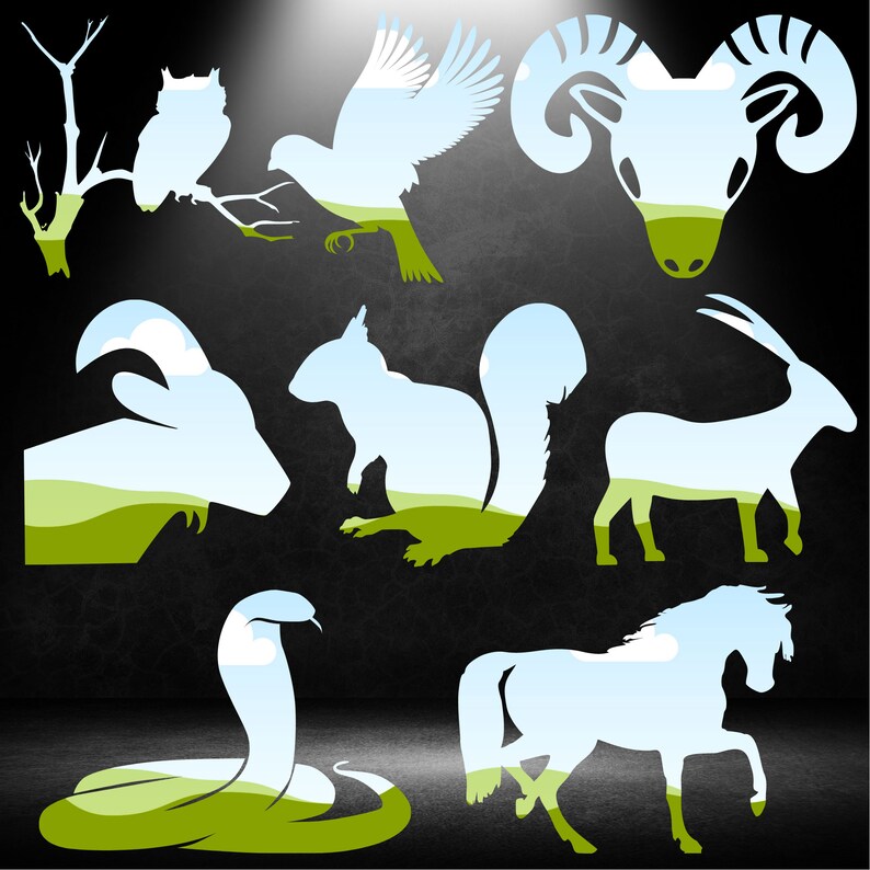 May include: Silhouettes of various animals, including a bird, owl, ram, squirrel, antelope, snake, and horse, are shown against a black background. Each animal is filled with a blue sky and green grass, creating a layered effect.