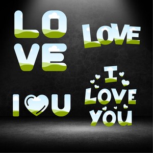 May include: A black background with four different versions of the phrase "I love you" in white letters with green and blue accents. The letters are stylized to look like a landscape with clouds and grass.