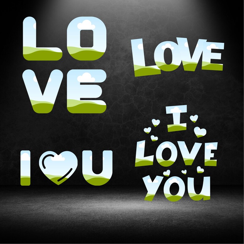 May include: A black background with four different versions of the phrase "I love you" in white letters with green and blue accents. The letters are stylized to look like a landscape with clouds and grass.