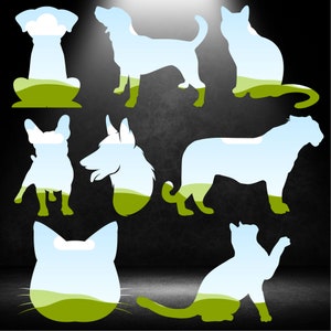 May include: Silhouettes of various animals, including cats and dogs, with a sky and grass background. The animals are all facing different directions and are in various poses.