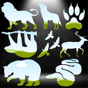 May include: Silhouettes of various animals, including a lion, wolf, deer, sloth, bear, snake, and birds, are shown against a dark background. Each animal is filled with a landscape scene, creating a layered effect.