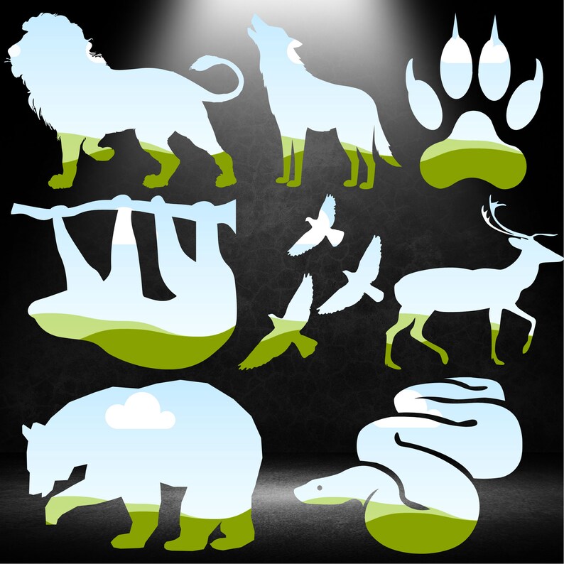 May include: Silhouettes of various animals, including a lion, wolf, deer, sloth, bear, snake, and birds, are shown against a dark background. Each animal is filled with a landscape scene, creating a layered effect.