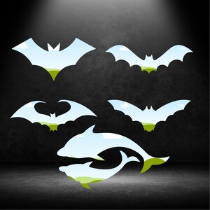 May include: Five black silhouettes of bats with a blue sky and green grass inside each. One silhouette of a dolphin with a blue sky and green grass inside, jumping over the other silhouettes.