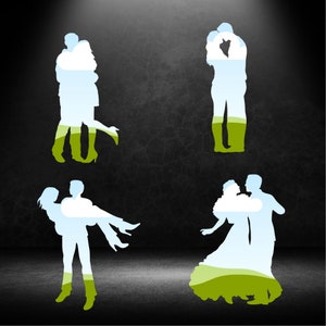May include: Four silhouettes of couples in various poses, with a landscape background overlayed on their bodies. The silhouettes are against a dark grey background.
