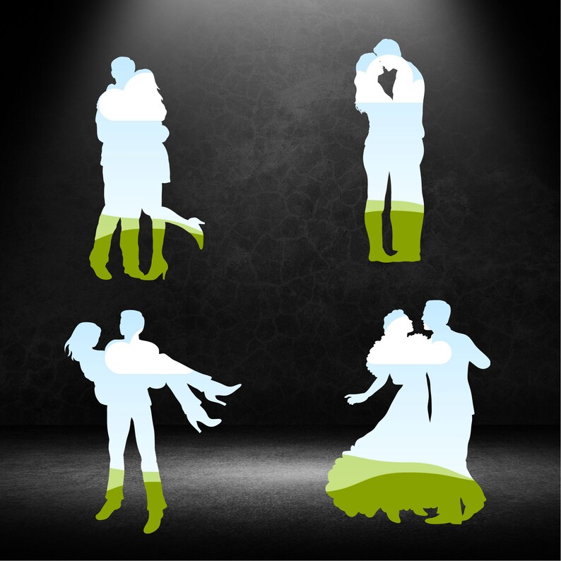 May include: Four silhouettes of couples in various poses, with a landscape background overlayed on their bodies. The silhouettes are against a dark grey background.