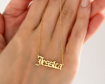 14K Gold Old English Name Necklace 