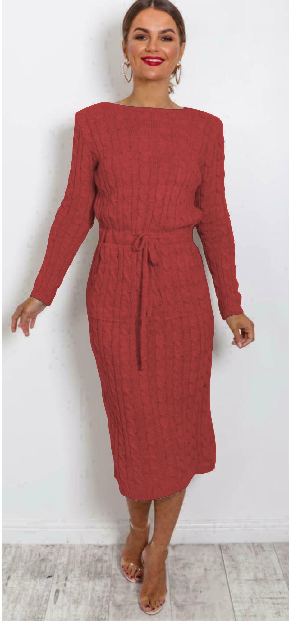 New Womens Cable Knitted Jumper Dress Ladies Pocket Tie up Etsy UK