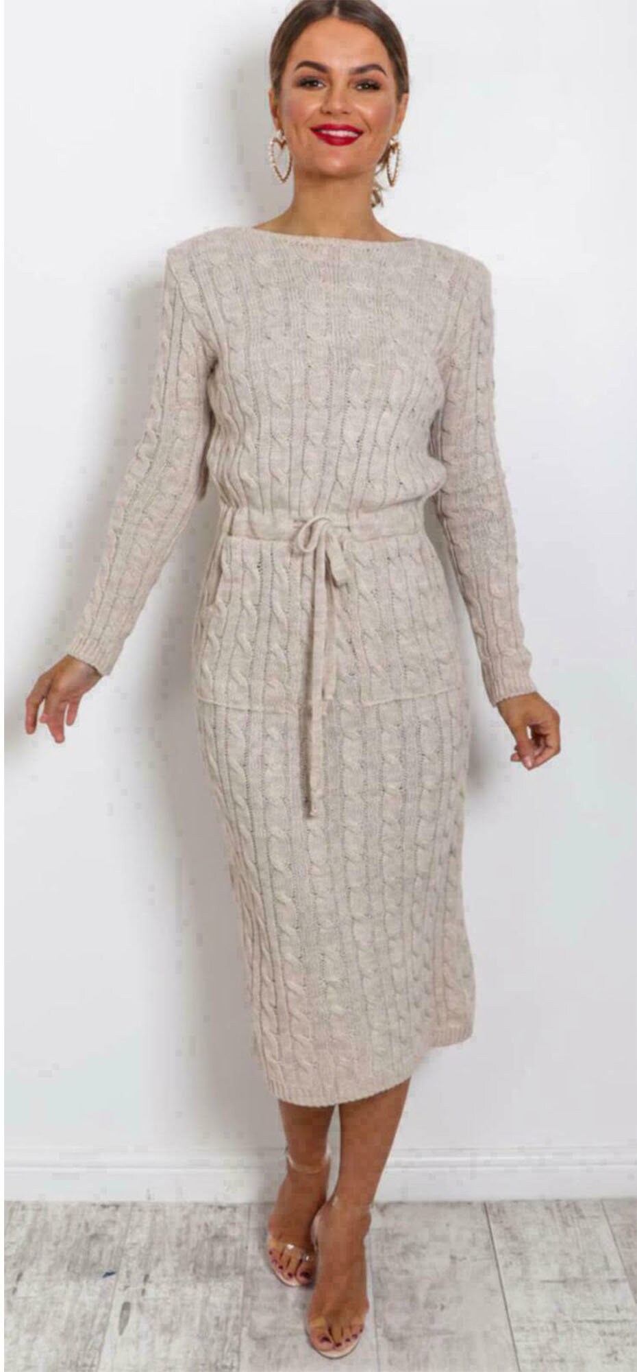New Womens Cable Knitted Jumper Dress Ladies Pocket Tie up Etsy UK