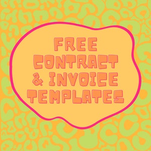 Puede incluir: Gr&aacute;fico vibrante con el texto "FREE CONTRACT & INVOICE TEMPLATES" en naranja, delineado en rosa, sobre un fondo amarillo con formas de estampado de leopardo verde. El dise&ntilde;o es audaz y llamativo.