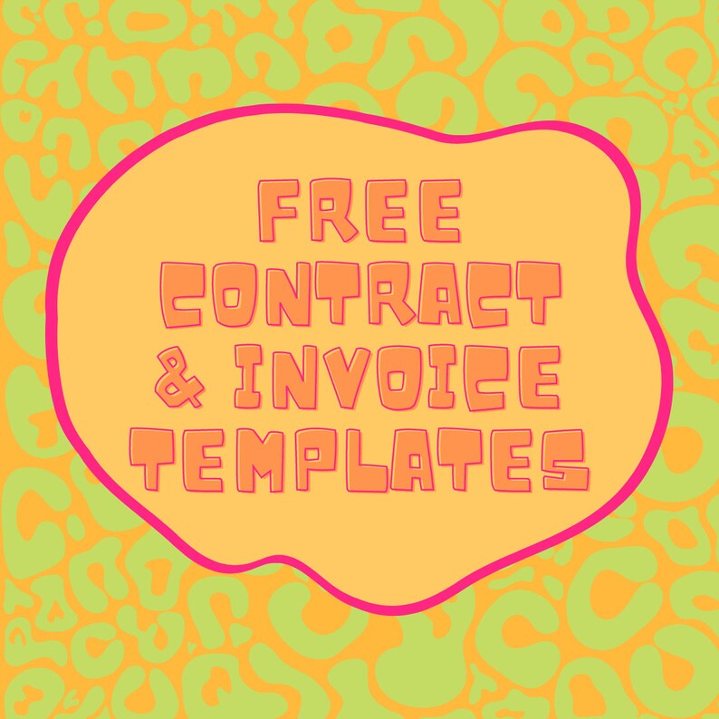 Puede incluir: Gr&aacute;fico vibrante con el texto "FREE CONTRACT & INVOICE TEMPLATES" en naranja, delineado en rosa, sobre un fondo amarillo con formas de estampado de leopardo verde. El dise&ntilde;o es audaz y llamativo.