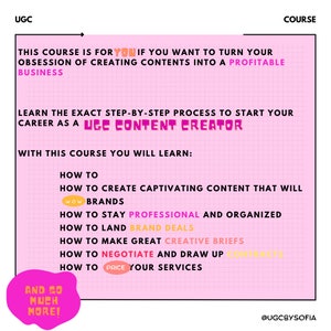 Puede incluir: Un gr&aacute;fico rosa y blanco que promociona un curso sobre la creaci&oacute;n de contenido UGC. El texto incluye "UGC", "negocio rentable" y "creador de contenido UGC". Tambi&eacute;n enumera temas como la creaci&oacute;n de contenido y acuerdos de marca.