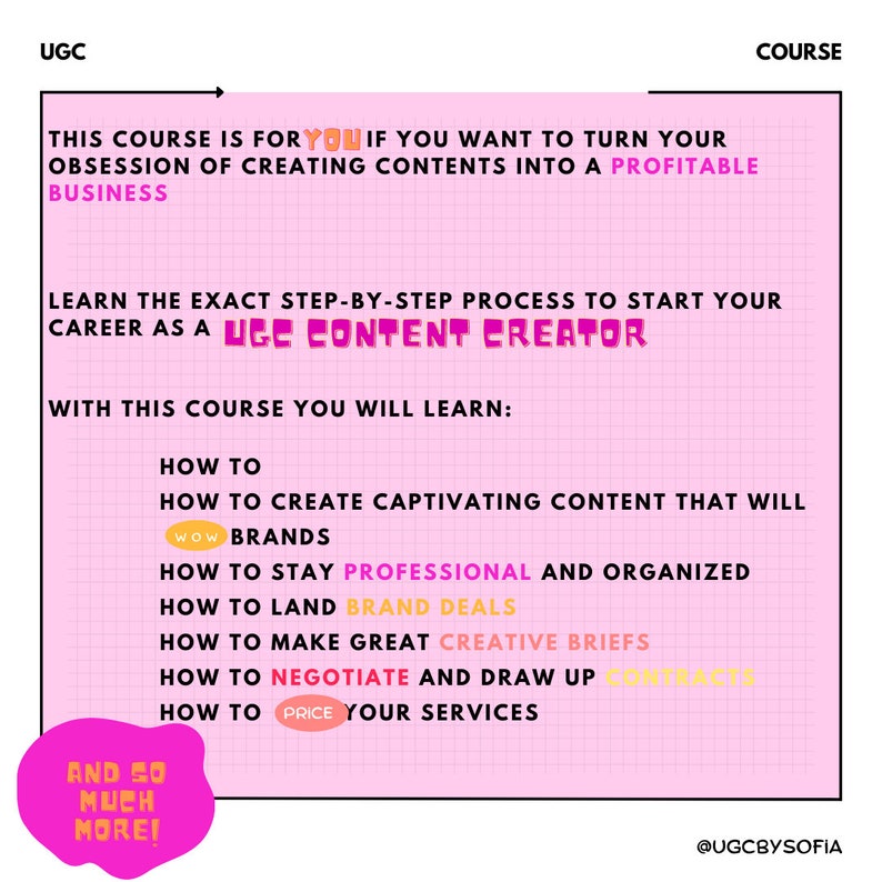 Puede incluir: Un gr&aacute;fico rosa y blanco que promociona un curso sobre la creaci&oacute;n de contenido UGC. El texto incluye "UGC", "negocio rentable" y "creador de contenido UGC". Tambi&eacute;n enumera temas como la creaci&oacute;n de contenido y acuerdos de marca.