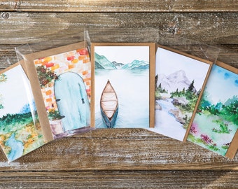 SET OF 5 Blank Greeting Cards, Card Bundle, Watercolour Art, Landscape Cards, 4X6 Inch (Frameable) Cards, Cards for all Occasions