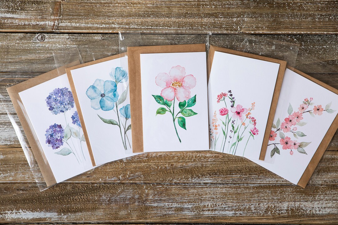 SET OF 5 Blank Greeting Cards, Card Bundle, Watercolour Art, Flower ...